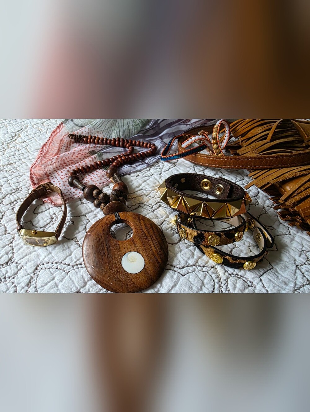 Boho Leather Jewelry Bundle Wood Pendant Cuff Bracelets Watch